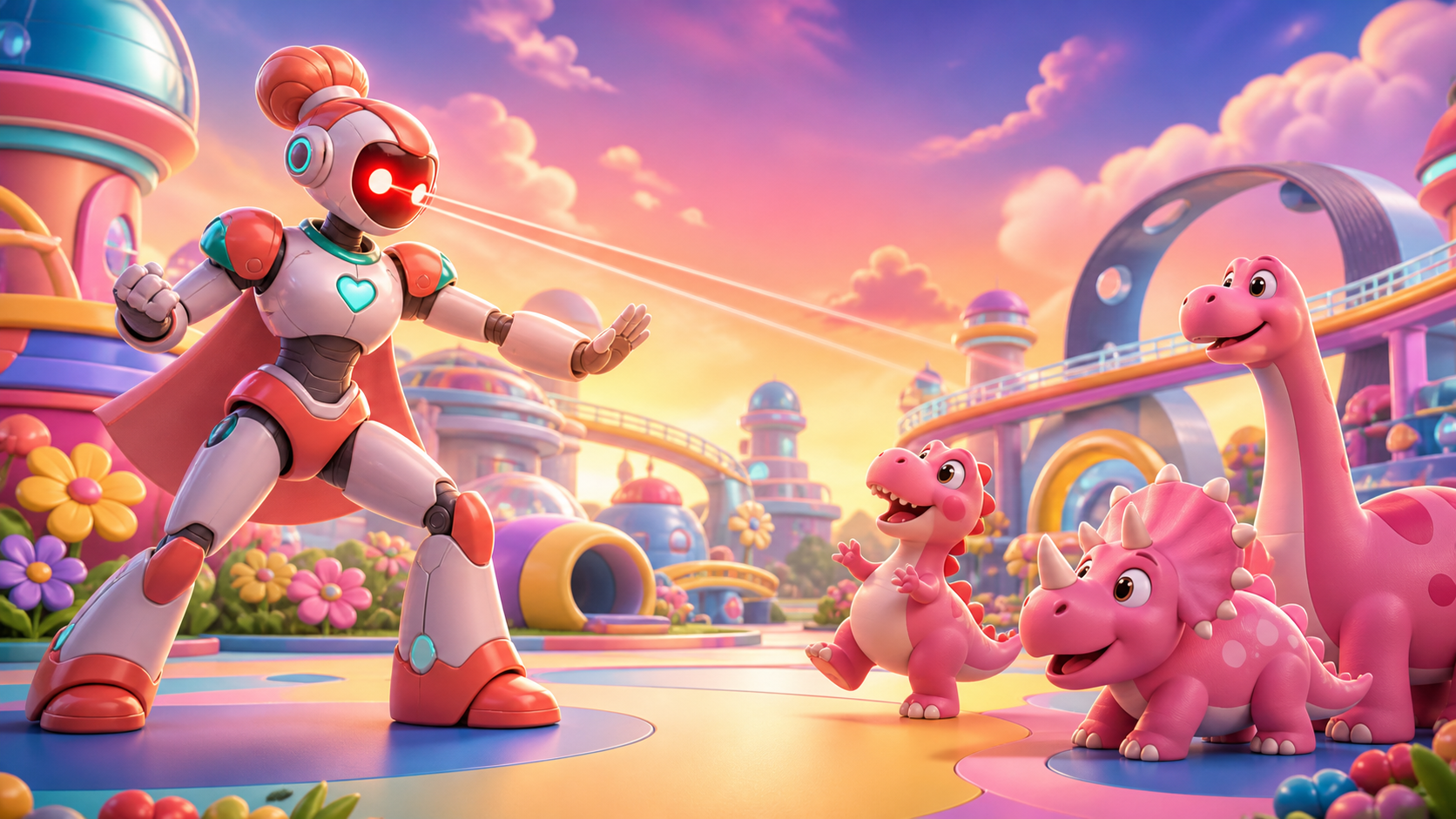 Robot Mommy fires friendly red eye lasers toward three silly pink dinosaurs in a colorful future play park