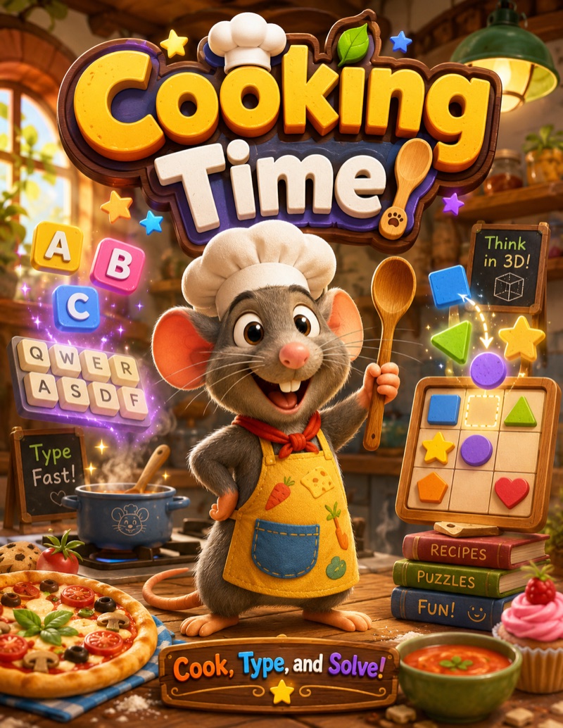 CookingTime — a chef rat surrounded by letter tiles, a keyboard, and food