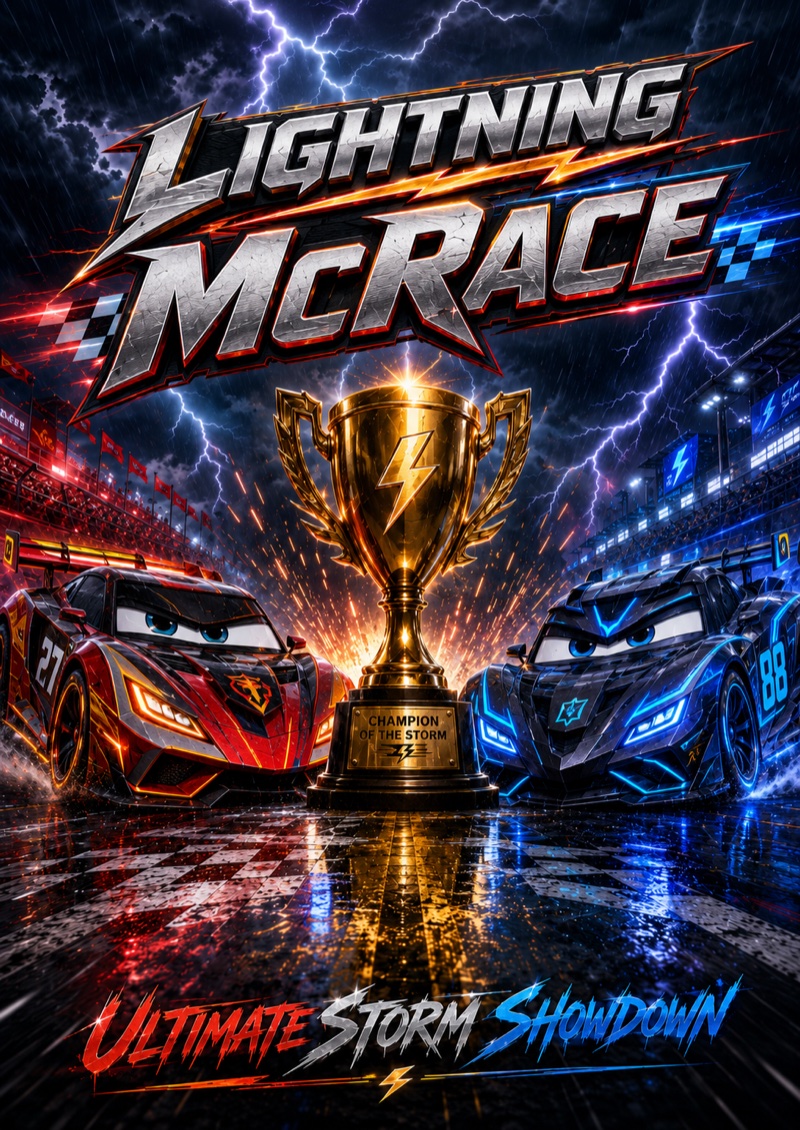 Lightning McRace — a red and a blue race car face off across a golden lightning trophy under a storm