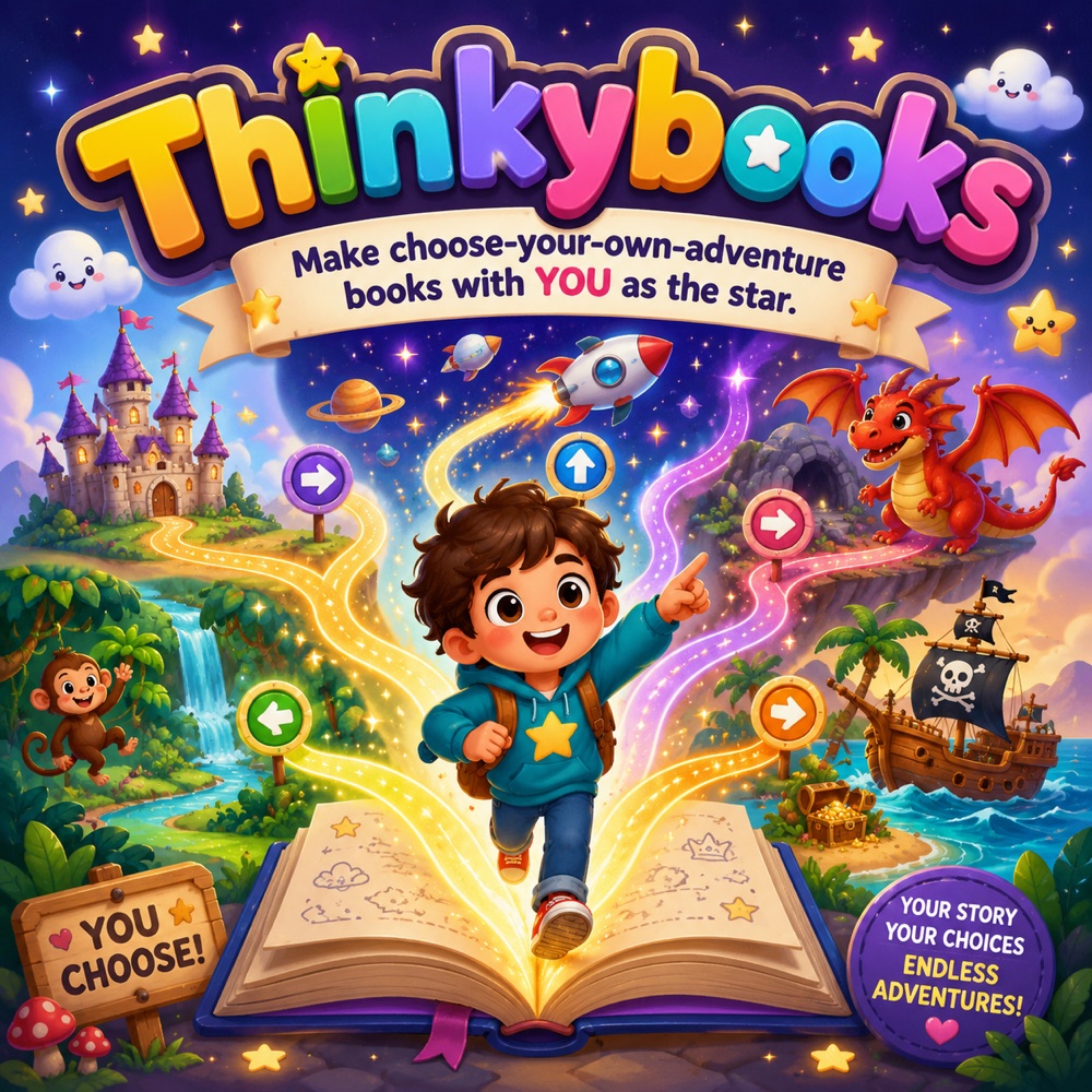 Thinkybooks — a child leaping out of an open storybook onto branching paths toward a castle, dragon, and pirate ship